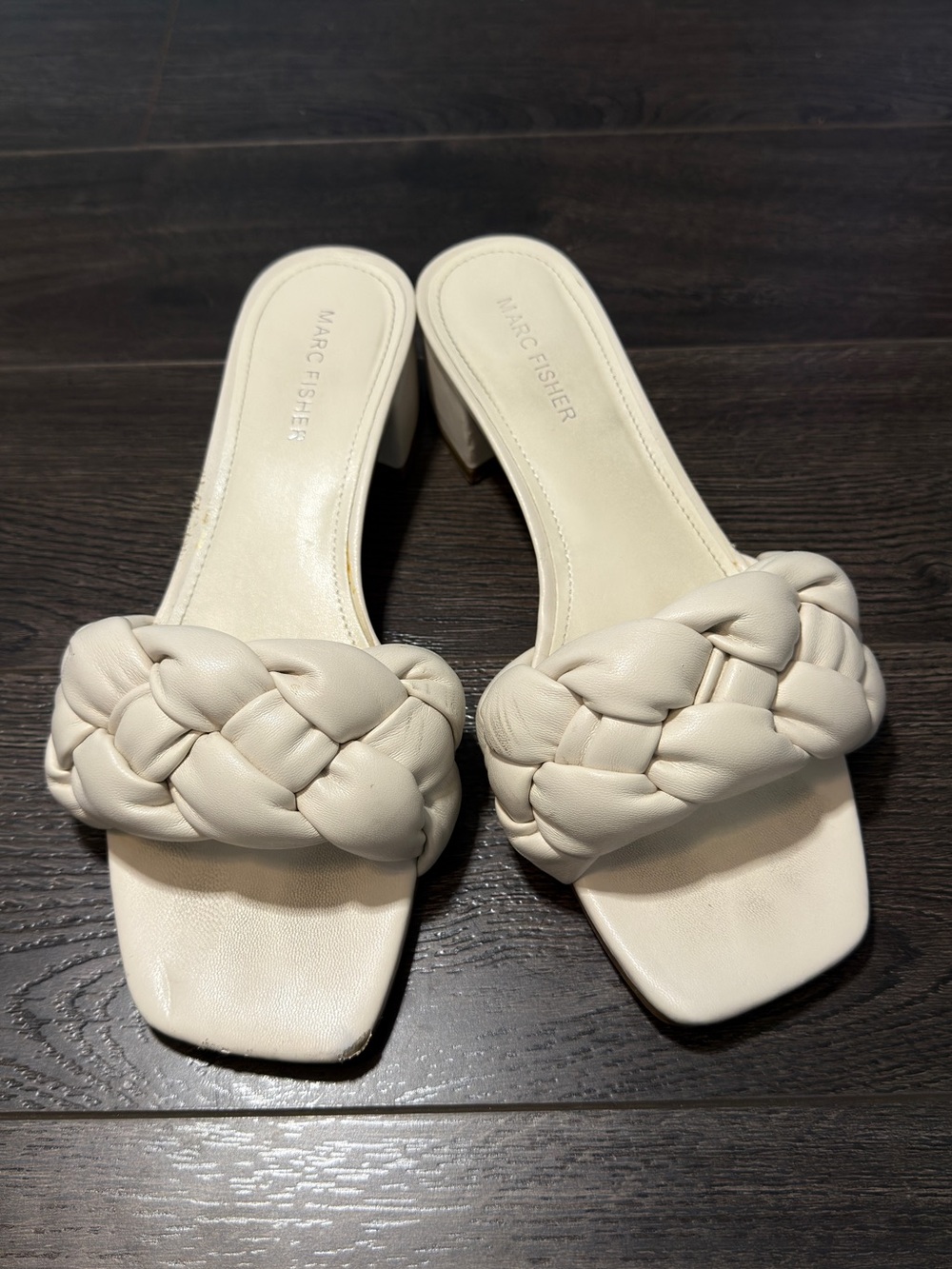 Marc Fisher Braided White/Cream Slide Mules with Block Heel